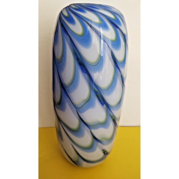 Eastern Art Blue & White  Glass Swirl Studio Hand Blown Large Vase 13" x 6" - Picture 3 of 10